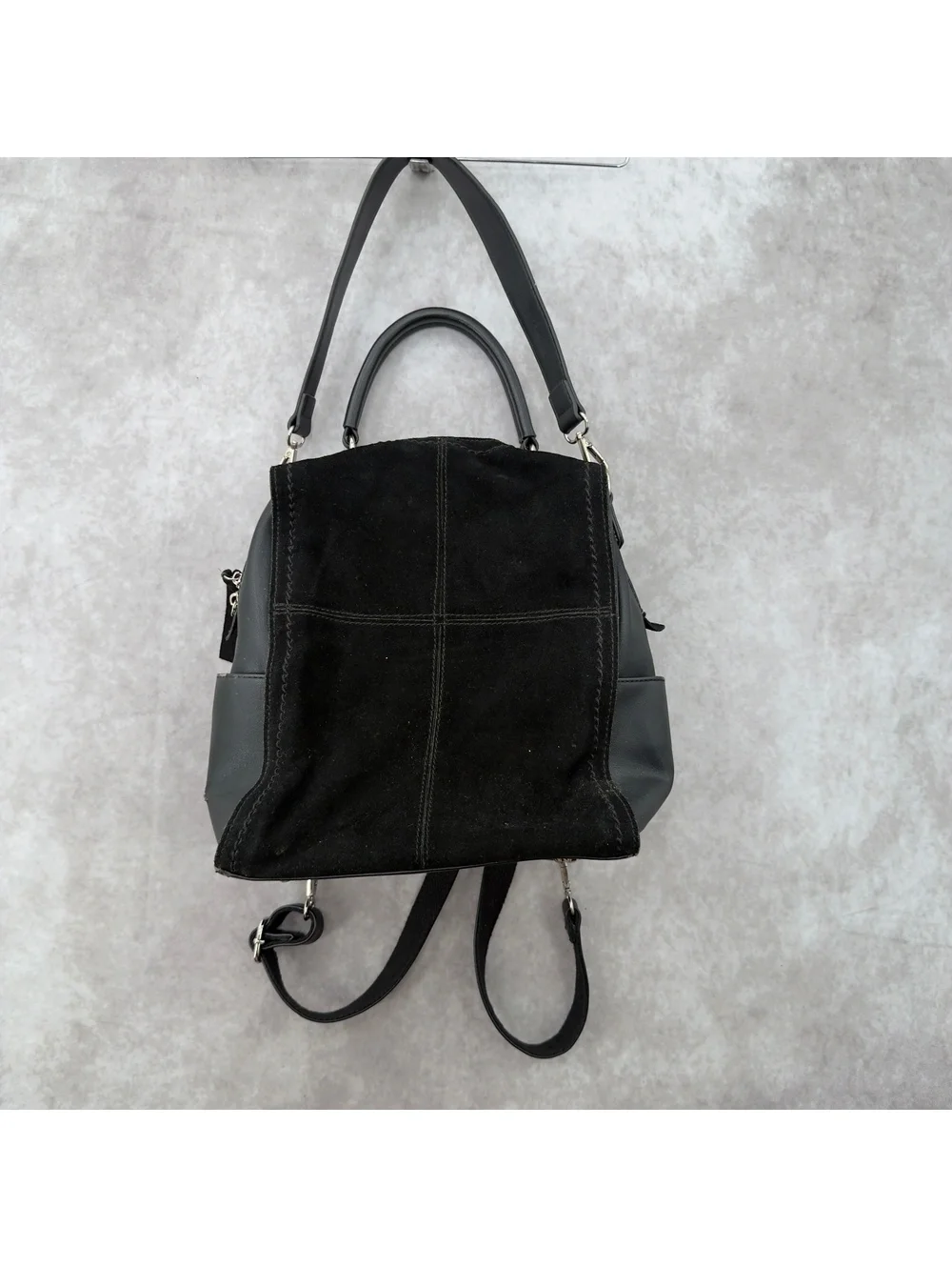 Moda Luxe Black Suede Leather Mini Backpack Purse Grunge Y2K Mixed Media